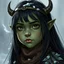 Placeholder: A digital illustration shoot from a portrait camera angle of an orc girl with dull green skin, she is an 8 year old orcish child and has long black hair, Fantasy, ice