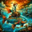Placeholder: dreamlike, Esao Andrews-esque scene where a barefoot boy in tattered overalls rides atop a colossal, iridescent koi fish through a surreal twilight lagoon, his arms wrapped around the fish's sleek, glistening body as if it were a trusty steed. The fish's scales shimmer with impossible huespearlescent blues melting into burnt orangeswhile its fins fan out like delicate silk banners torn from some celestial tapestry. Around them, the water refracts into liquid prisms, distorting reflections of gna