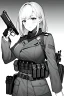 Placeholder: military girl takes out pistol, greyscale