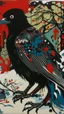 Placeholder: A contemporary serigraphy by Matisse and Kunisada of a raven with a human body adorned in a punk leather jacket within a snowy Christmas atmosphere.