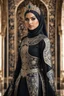 Placeholder: Gorgeous Realistic Photography Super model Iranian as Beautiful Queen hijab girl dressing armor pattern flowers gown luxury black and jewelry,luxury palace background, close-up portrait