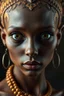 Placeholder: Plano general, hyperrealista, ultra HD, of a beautiful out of this world woman , cobriza textured skin, expanded skull, tribal joys of large eyes, almendrados, redundas and dark pupils, small noses and ancha, small nasal fosas, fine lips, pointed ears. background of the figura entorno selvático