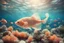 Placeholder: dinamycally swimming antropomorph cat fish in the sea, fishes, corals, shells, bubbles in sunshine, ethereal, cinematic postprocessing