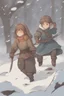 Placeholder: DnD style, two medieval peasant kids playing in the snow male and female, age 14 and 15, happy and playful, he has a short sword.