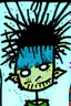 Placeholder: 2d drawing of a stickman, cool with punk hair, x eyes like hangman, close-up, side view bended looking into the camera, smiling,in colour