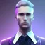 Placeholder: man, cute face, white highlight hair, brown eye, white, skin, purple suits, futuristic, science, purple, blue, dark pink background lighting, technology, profile, asian boy, square face, orange backlight