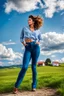 Placeholder: 1beautiful lady in nice top and blue pants with curvy hair,country side ,blue sky nice clouds,