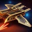 Placeholder: ornate starship made of brass, damaged and on fire, in space, in the style of TRON