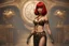 Placeholder: full body shot of a skinny Cleopatra, with a bob red hairstyle, standing in a steampunk setting.