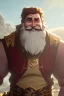 Placeholder: Fantasy Bearded strong man wearing a thick fur-lined merchant's coat, wearing gold rings, divine, halo, happy smiling, portrait, high definition, realistic, long hair, dynamic lighting, volumetric lighting, mustache