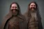 Placeholder: Laughing braided long haired bearded tall man wearing rugged long merchant's coat, medieval fantasy, dark background and lighting