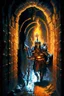 Placeholder: A frightening castle dungeon hallway with an evil knight warrior in rusty chainmail holding a burning torch painterly rpg art