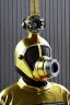 Placeholder: Metallic Cyber-punk style camera-mask and old headphones. Large fencing mask covers cheeks. Trim man. Reflective plastic body surface, golden skin, full-coverage. Body and Head full of integrated old-fashioned cameras and an old telephone. Golden to black surfaces body. Perfect body. Equations, Euclidean 3D-tiling, Escher tiling. Soviet propaganda in 1990's. Cables in head. Daft Punk. Matrix leather jacket. Hood. Beanie.