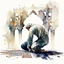 Placeholder: A man is performing sujood, background of islamic pattern, watercolour painting