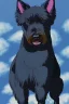 Placeholder: Kerry blue terrier, black dog breed, happy, art style by studio ghibli