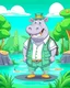 Placeholder: hippo as tourist guide wearing tourist guide uniform, cartoon style, safari landscapebackground, colorful, high quality, high details, realistic