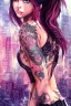 Placeholder: Athlethic Young woman, futuristic fantasy assassin character, portrait from waist up, intricate eyeliner, vibrant eyeshadow, clear completion, soft lighting, 4k resolution, intricate details, insanely detailed, white tank top, vibrant Japanese style tattoo sleeve, colorful cityscape background, masterpiece, expert, cinematic smooth, retroanime style, realistic details
