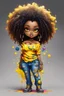 Placeholder: create a colorful abstract graffiti art image 8k of a chibi curvy black female wearing torn jeans pants and a yellow tie dye off the shoulder blouse. Prominent make up with hazel eyes. Highly detailed long tight curly afro in a hair wrap.