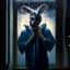 Placeholder: matte oil painting of a disheveled soaking wet man in ill-fitting wet floppy eared full easter bunny onesie costume looking in window at night making the heart hands gesture, Dramatic, heavy rain, complex contrast, dynamic composition, humorous and sinister