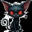 Placeholder: cartoon art from whimsical weird dark blue vampire cat with big head with crepy red eyes, black tail, big smile with sharp teeth, messy body hair, thin little body big paws sitting and looking devilishly, surreal crepy cute style , anime, comics, blur transparent background