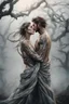 Placeholder: Multiple entanglements between a twisted thin piece of cloth as part of many twisted and spiraling branches disappearing into the distant mist, epic photo, 2 beautiful lovers are embracing, stunning tattoos that intwine with eachothers tattoos,sharp on highly detailed skin with wrinkles and high contrast, photorealistic, explosion of extacy,4K, 3D, realism, hyperrealism, detail, good lighting, detailed texture, modern photography style, 3D, 4D, 4K