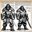 Placeholder: character concept sheet with AD&D statistics and characteristics, [photo by Kevin Eastman and Peter Laird] Walrus Barbarian Warrior from the Ice Wasteland Epic