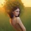 Placeholder: woman standing in flower field, sunset, short brown hair, back view, green dress, windy