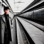 Placeholder: A young Asian man with long hair and a black trench coat waiting for a woman at a train station in Tokyo