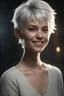 Placeholder: Werewolf, Chiaroscuro lighting, deep shadows, rich deep colors, masterpiece, full body portraits, 8K Ultra-HD, Hyper Realistic, Photorealistic, Realistic, focused, Clear, Extremely Detailed, beautiful, Cinematic, proportionate, full color, an image of a smiling young woman with short, pixie-cut bleached white hair, tapered on the sides, wearing a pair of blue round lensed glasses, big, gold hoop earrings, and a pink and blue button t-shirt, big happy smile, a foggy, cloudy blue background