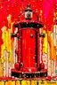 Placeholder: red firetruck, fire hydrant spraying water, abstract expressionist