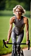 Placeholder: photography of a beautiful anorexic woman, grey satin triathlon top, sports illustrated, blond short wavy bob haircut, pronounced sternum, flat chest, anthracite cycling leggins