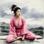 Placeholder: [traditional Chinese brush, expressive line, ink washes] A surprised Nomadic samurai woman, 24-years-old wearing a pink one-piece swimsuit , poised on hands and knees, the overcast sky in the background, vintage 1980's photo