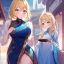 Placeholder: Clear focus,High resolution, Blonde hair, and blue eyes, kawaii style, wearing a Chinese Traditional dress, Blushing