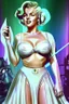 Placeholder: [vaporwave, Marilyn Monroe] Marilyn Monroe, in princess Leia's slave costume of the Return of the Jedi, close to Jabba the Hutt.