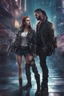 Placeholder: Science fiction, cyberpunk, city street, couple girl and guy, together, love at first sight, forbidden love, pirates, protect her, protective