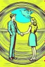 Placeholder: Vintage pop art style, men and women holding hands around a globe