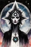 Placeholder: ink wash and watercolor illustration of the symbol of an ancient Catalan female vampire coven , in the form of highly detailed 12 sided star with the all seeing eye at its center lapel pin, in the graphic novel style of Bill Sienkiewicz, Jean Giraud Moebius, and Enki Bilal
