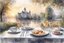 Placeholder: Brunch breakfast on an elegant table in the garden in the background, Castle on the Loire, lake, reflection, sunrise, Misty morning smooth intricate high definition beautiful lighting pencil sketch watercolor polished warm light