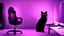 Placeholder: Cute black cat sitting on a gaming chair, in front of a gaming PC table, in a dark room with purple lights and gaming posters, atmospheric, gorgeous, realistic