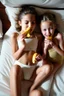 Placeholder: young teenage girl in a swimsuit on a bed. eating a banana. with dad