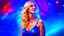 Placeholder: Full body portrait of a peaceful ((smiling)) gorgeous blonde Goddess of the galaxies with a blue indigo purple skin, high skul, luminous eyes in a galactic sunset