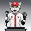 Placeholder: a drawing of a manga cat man with a sports cap and shirt, speaking at a (((lectern))) with a microphone, red, white and black colors, cat white and black colors, microphone in one hand, cat asking