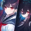 Placeholder: Clear focus, High resolution, long black fluffy hair, red eyes, chopped bangs, wearing a sailor uniform, wearing a sailor skirt, colorful, hollywood, female, no outlines, extreme close up