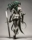 Placeholder: full-length, detailed persona, sword in hand, gorgon medusa, from the back, half-turn, leaning on one leg