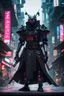 Placeholder: samurai robot in black cloak in a cyberpunk environment