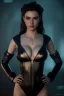 Placeholder: portrait goddess in black leather in a dungeon, cleavage, sci-fi fantasy style, 8k,dark