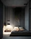 Placeholder: Habitación que sea de estilo minimalista, con materiales de concreto aparente y muebles de madera un poco de vegetación e iluminación led tenue