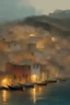 Placeholder: Digital Art of an Italian fishing village embodying the essence of golden hour in a , minimalist approach, influenced by Luis Miranda, Jeremy Mann, Jeffrey Catherine Jones, blends conceptual art with elements of painting and illustration, somber tones, fragmented souls, shadow play, diffuse textures, abstract forms, digital painting, high conceptuality, palette inspired by Jeffrey Catherine Jones, golden ratio composition, fine detail, cinematic lighting.