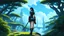 Placeholder: Full Body Photo Of A Sci-Fi Girl, With Dark Hair, On An Alien Sci-Fi Jungle Planet With Cloud Trees, Tall Spires, Bridges, Arches