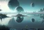 Placeholder: Alien landscape with grey exoplanet in the sky, Lagoon reflection, vegetation, sci-fi, concept art, movie poster, cinematic